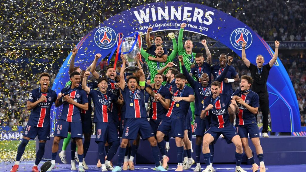 PSG players celebrating after reaching UEFA Champions League Final against Bayern Munich