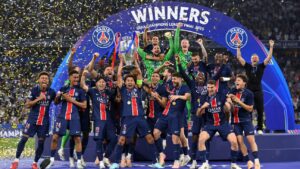 PSG players celebrating after reaching UEFA Champions League Final against Bayern Munich